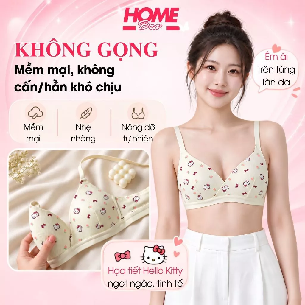 Áo ngực nữ học sinh không gọng đệm mút mỏng, Áo lót nữ cotton hoạ tiết Kitty cute dễ thương A224