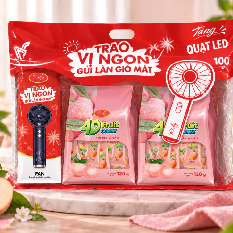 Set 2 Túi Kẹo Dẻo Richy 4D 2 vị Xoài/Đào Túi/ Hộp
