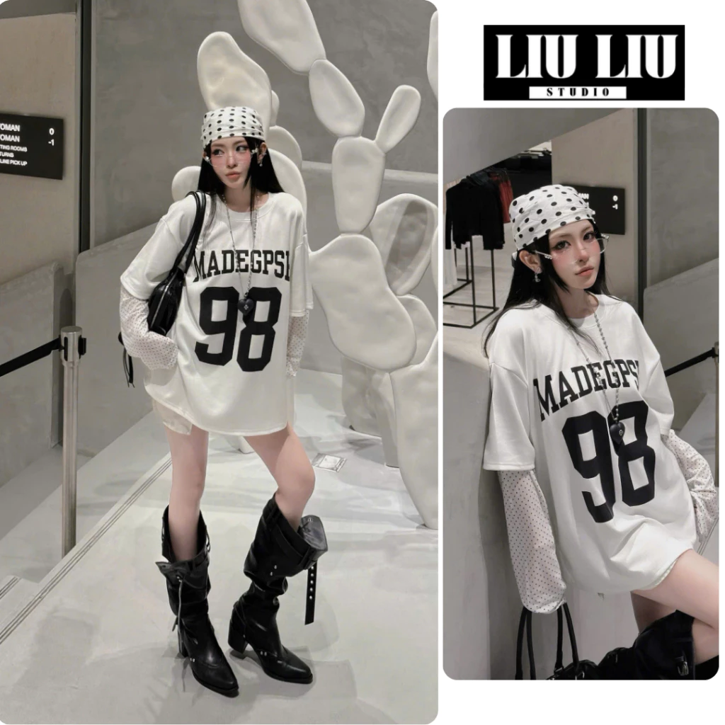 Áo Nỉ Mì Nữ LIULIU STUDIO L65 Form Rộng In Số 98 Phối Tay Lưới Chấm Bi Dài Tay Layer Cá Tính Phong Cách Y2K