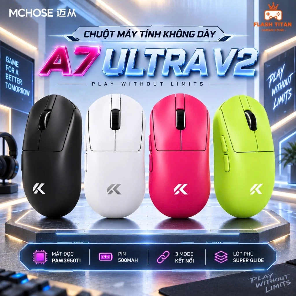 Chuột gaming Không Dây Mchose A7 ultra V2, Mắt đọc 3950 Mạnh Mẽ, Lớp phủ Super Glide Cao Cấp, Phù hợp chơi game FPS