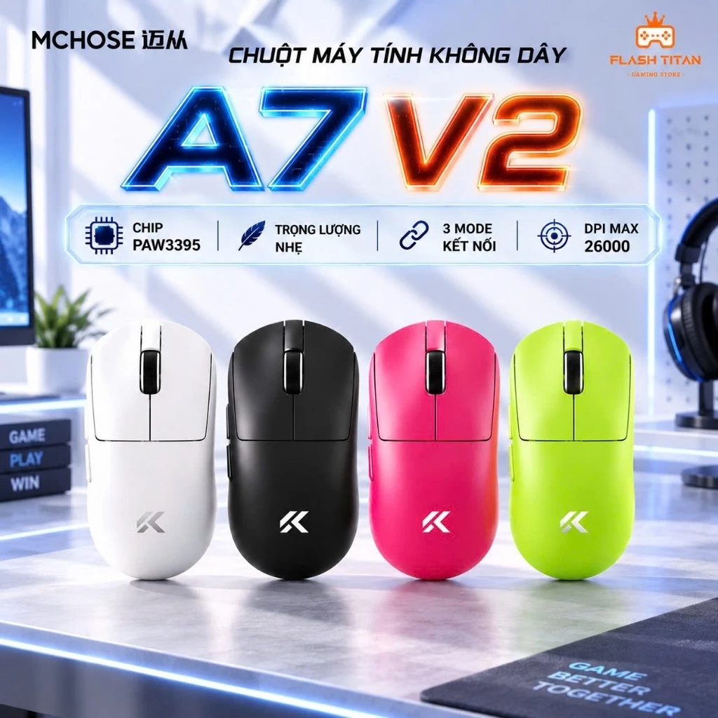 Chuột Không Dây Gaming Mchose A7 V2 Ultra Cao Cấp Trang Bị Chip PAW3950 - Polling rate 8k, Chơi Game FPS, Dùng Cho PC