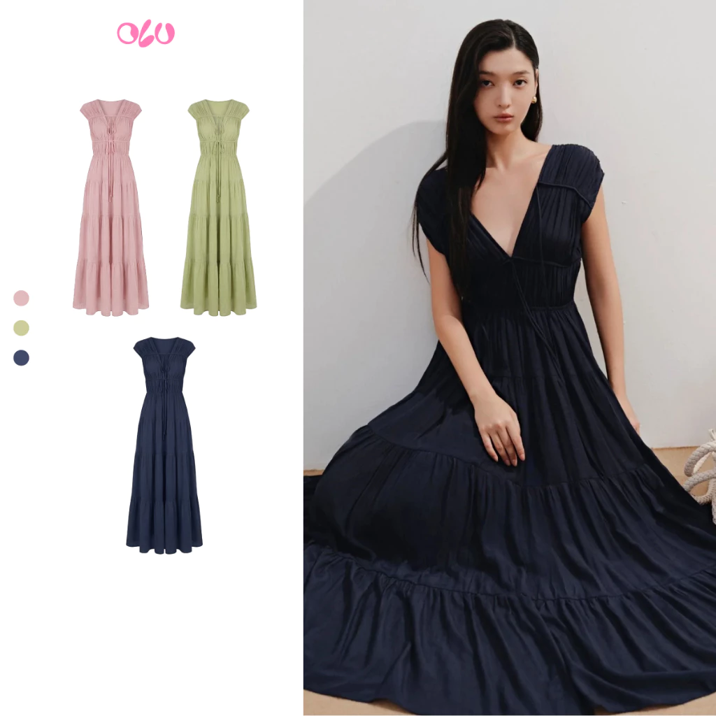 Đầm OLV kiểu tơ maxi xếp ly buộc nơ chiết eo Rue phù hợp đi biển du lịch