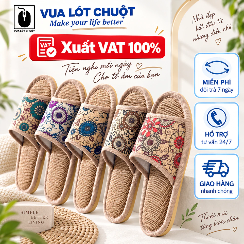 Dép cói đi trong nhà, dép đi trong nhà thêu hoạt tiết Vintage siêu nhẹ siêu bền
