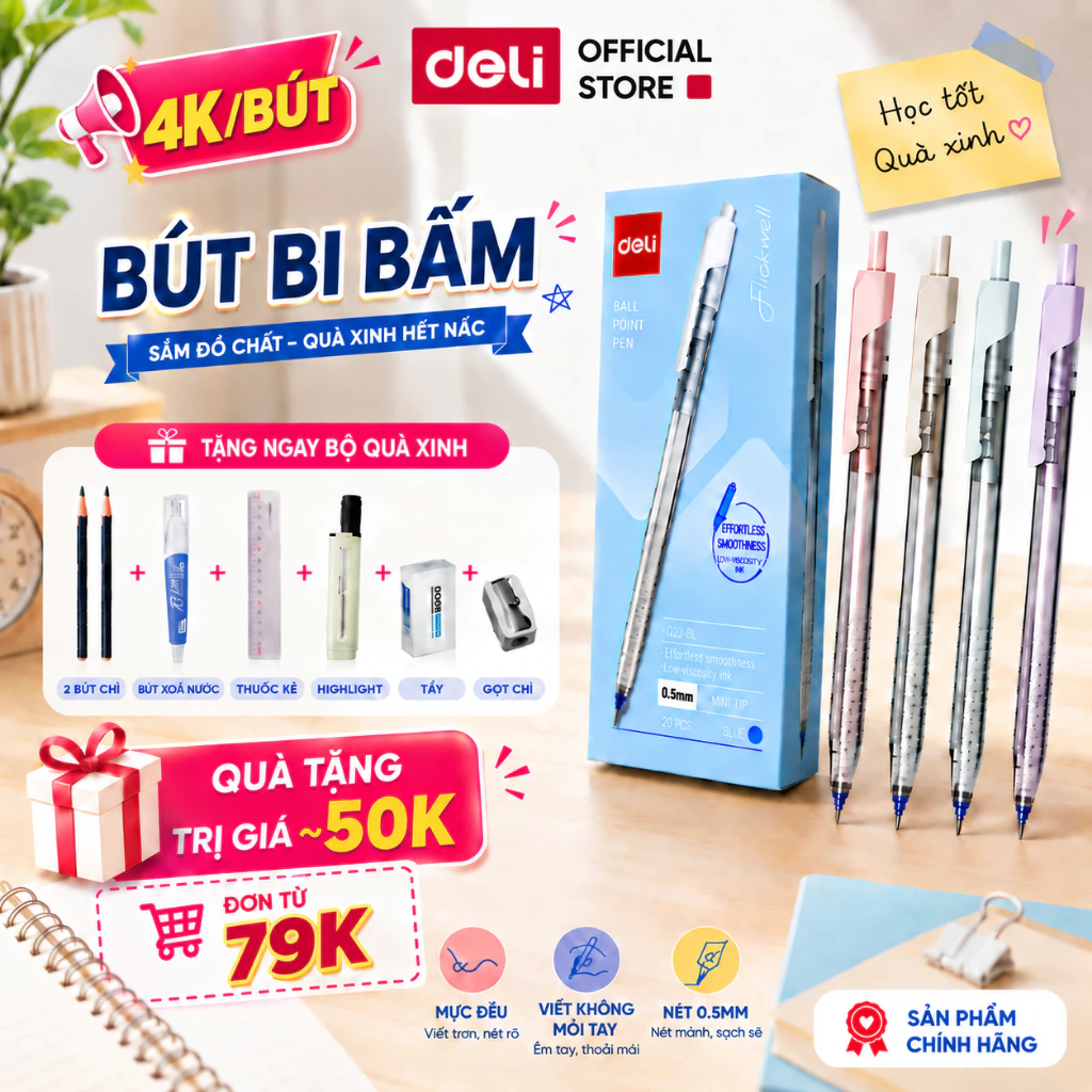 [🔥15-16.9 TẶNG 7 QUÀ] Combo 5/10/20 Bút Bi EQ32 Deli Ngòi 0.5mm Nét Thanh Mảnh Màu Pastel Phù Hợp Với HSSV, Văn Phòng