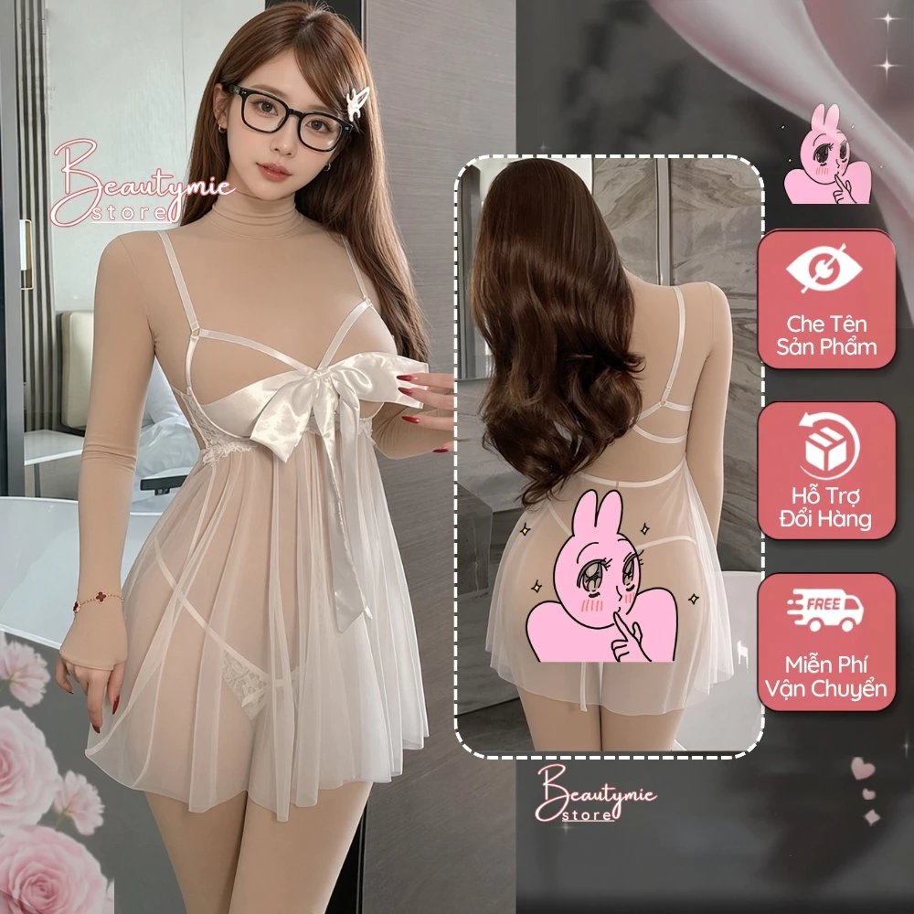 Đồ ngủ nữ quyến rũ DN05 - Bộ váy voan lưới xuyên thấu với nơ satin, giúp nàng thêm cuốn hút