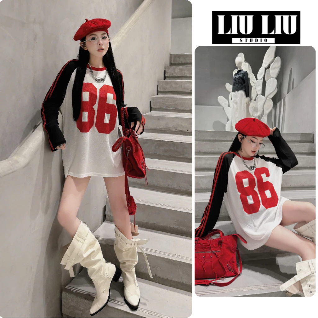 Áo Thun Giấy Số 86 LIULIU STUDIO Tay Dài Phối Sọc Form Rộng Raglan Phong Cách Y2K Thể Thao Cá Tính Nữ L72