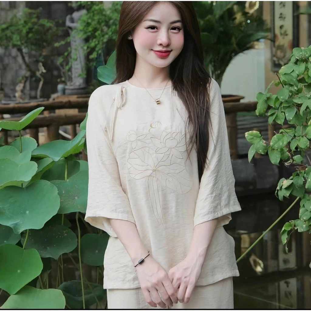 (Giá Xưởng)Bộ đồ nữ pháp phục thêu sen - Mẫu quần áo Phật tử, đồ lam đi chùa chất vải Lụa Hàn mềm mát TA01