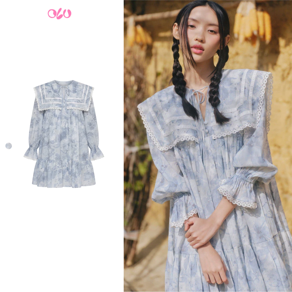 Đầm OLV babydoll hoa xanh cổ bèo Blue Fleur Cotton Collared Ruffled Dress