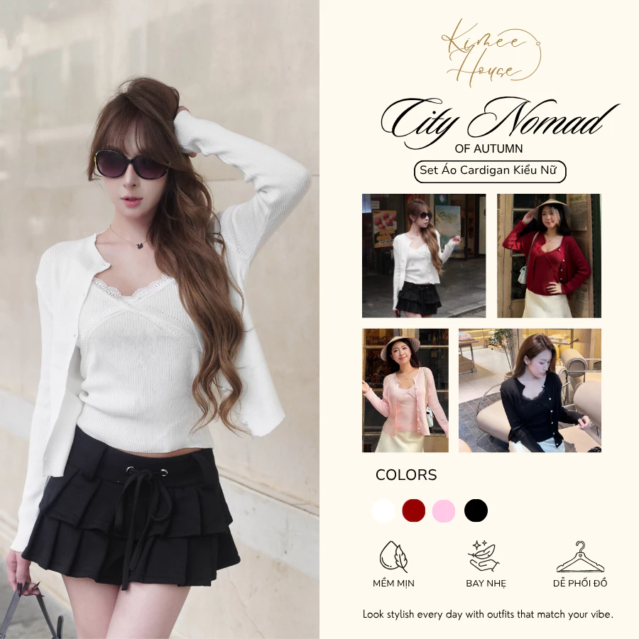 Set Áo Cardigan Len Nữ (2 món) gồm Áo 2 Dây Phối Ren và Cardigan Len Tiểu Thư Mùa Thu Đông Kimee - KA867