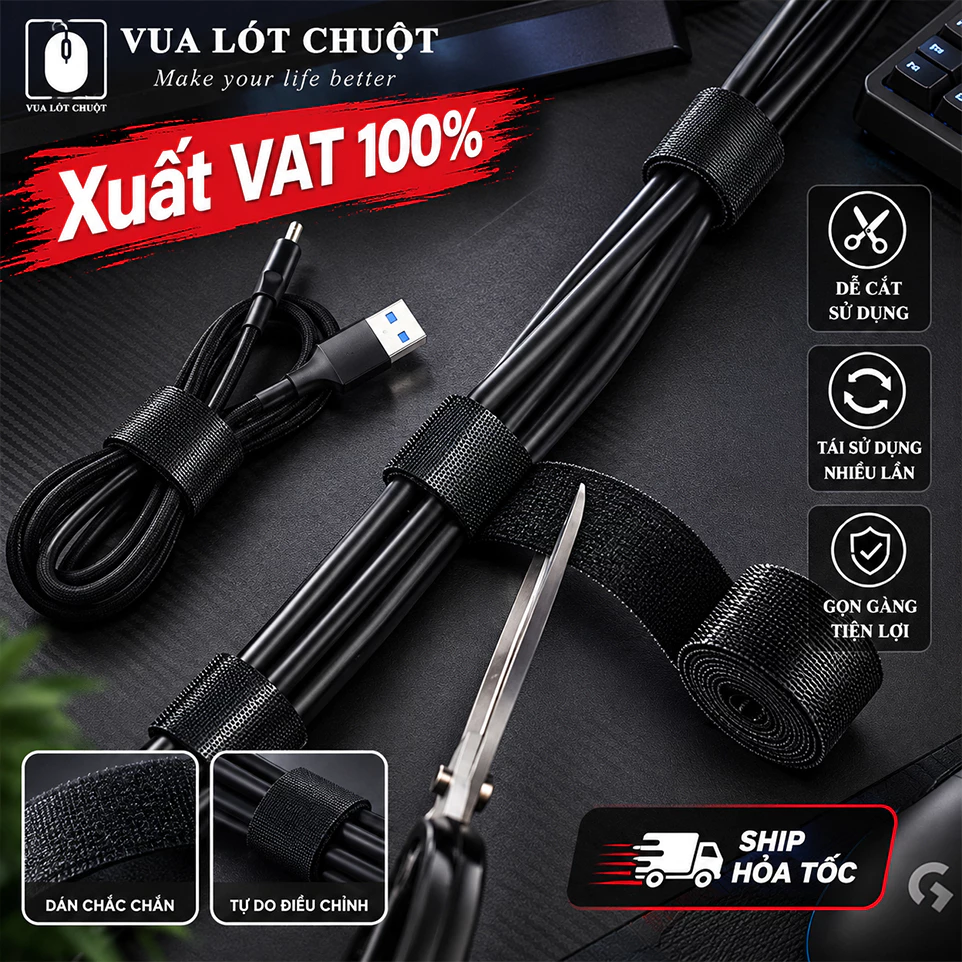 Băng dính gai làm gọn dây điện, băng dán gai đa năng băng nhám làm gọn góc PC, dây cáp sạc, tai nghe
