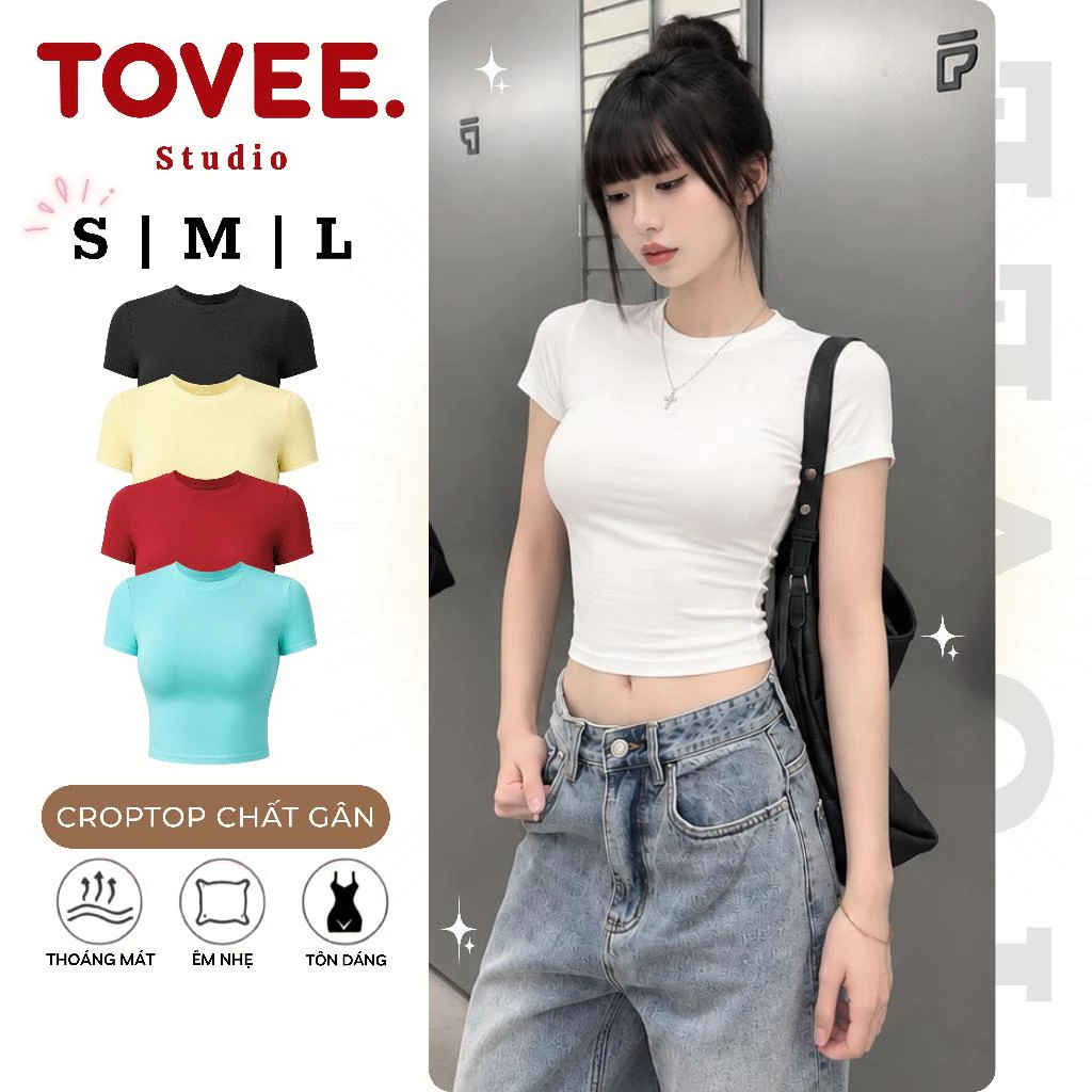 (MỞ BÁN) Áo Croptop TAY NGẮN CỔ TRÒN TRƠN Thun Gân CR66, Áo Thun Ôm Body Basic Nữ Tôn Dáng TOVEE