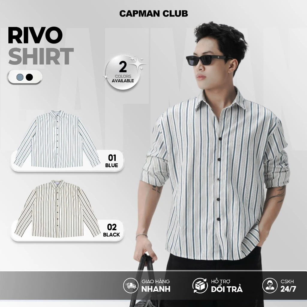 Áo sơ mi nam RIVO kẻ sọc tay dài CAPMAN CLUB, sơ mi nam phom Boxy phong cách trẻ trung