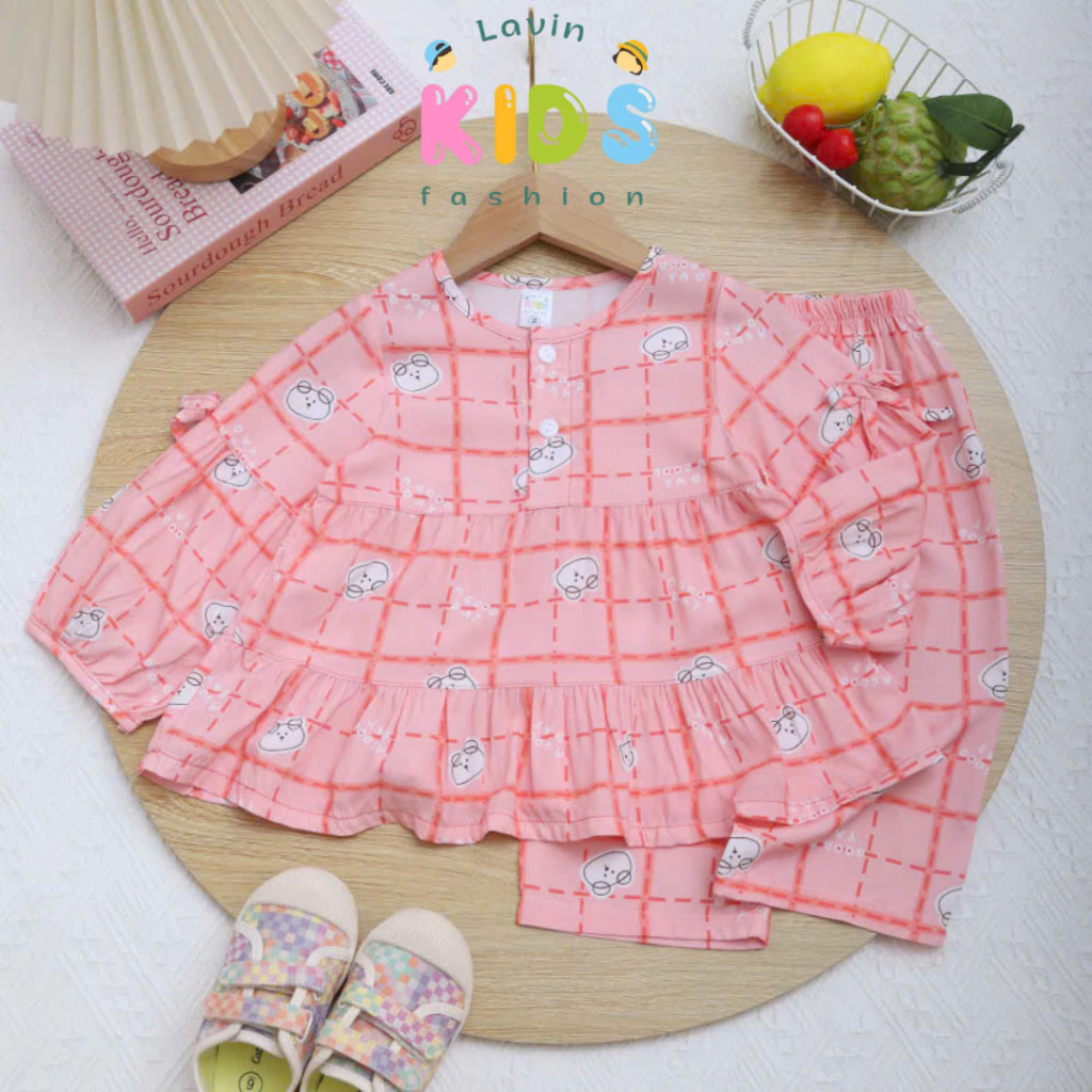Bộ tole lanh tay dài quần dài form Babydoll nhún tầng cho bé gái size 8-16kg- Lavin Kids