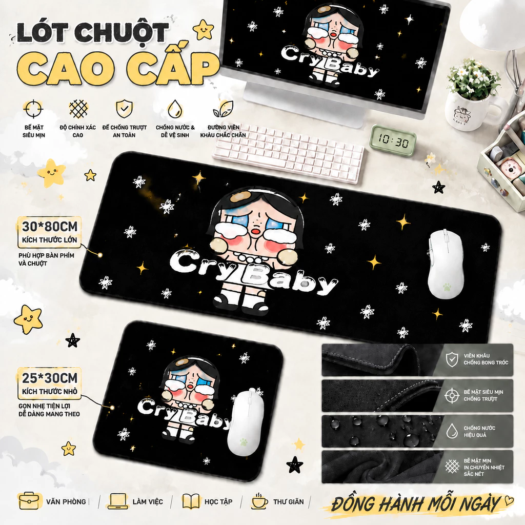 Tấm lót chuột bàn phím Crybaby hoạt hình dễ thương, tấm lót chuột cỡ lớn, thiết kế đáng yêu, chống trượt