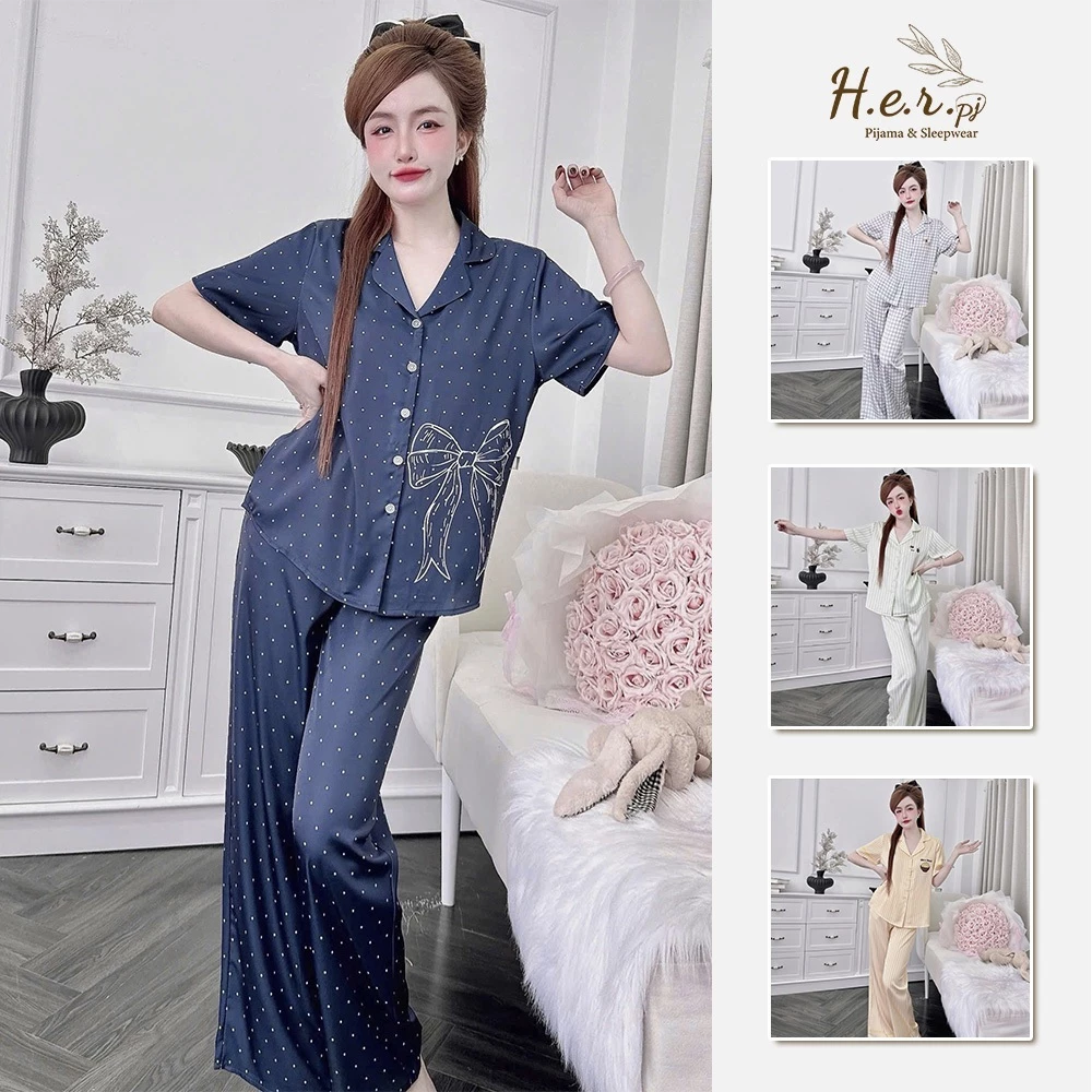Đồ ngủ nữ mặc nhà HER Pijama tay ngắn quần dài chất lụa latin tơ tằm cao cấp mềm mịn