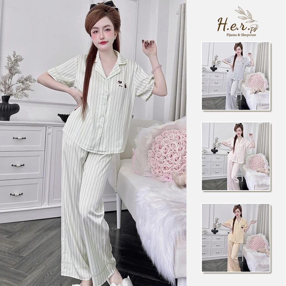 Set đồ ngủ nữ mặc nhà HER Pijama lụa latin tơ tằm cao cấp tay ngắn quần dài dễ thương