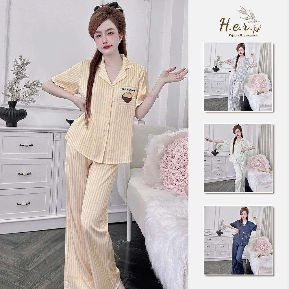 Bộ đồ ngủ nữ mặc nhà HER Pijama lụa latin cao cấp tay ngắn quần dài họa tiết đẹp
