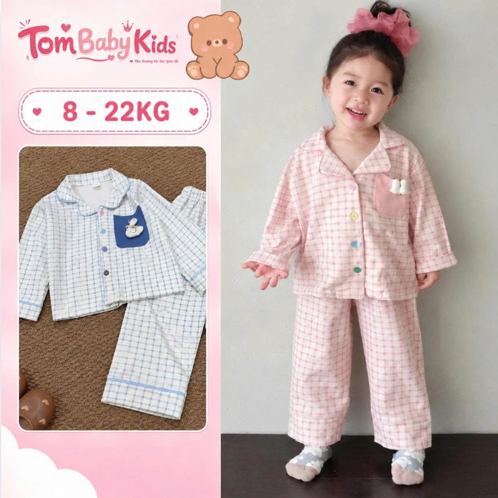 Bộ pijama dài tay, Pijama thu đông, đồ ngủ bé gái kẻ ô phối viền Moonie chất liệu Zip Hàn thoáng mát cho bé 8-22kg