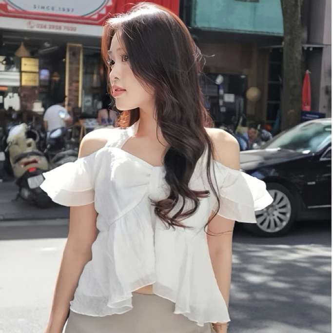 [MINT] Áo tơ trắng trễ vai hình nơ xinh xắn Angel blouse