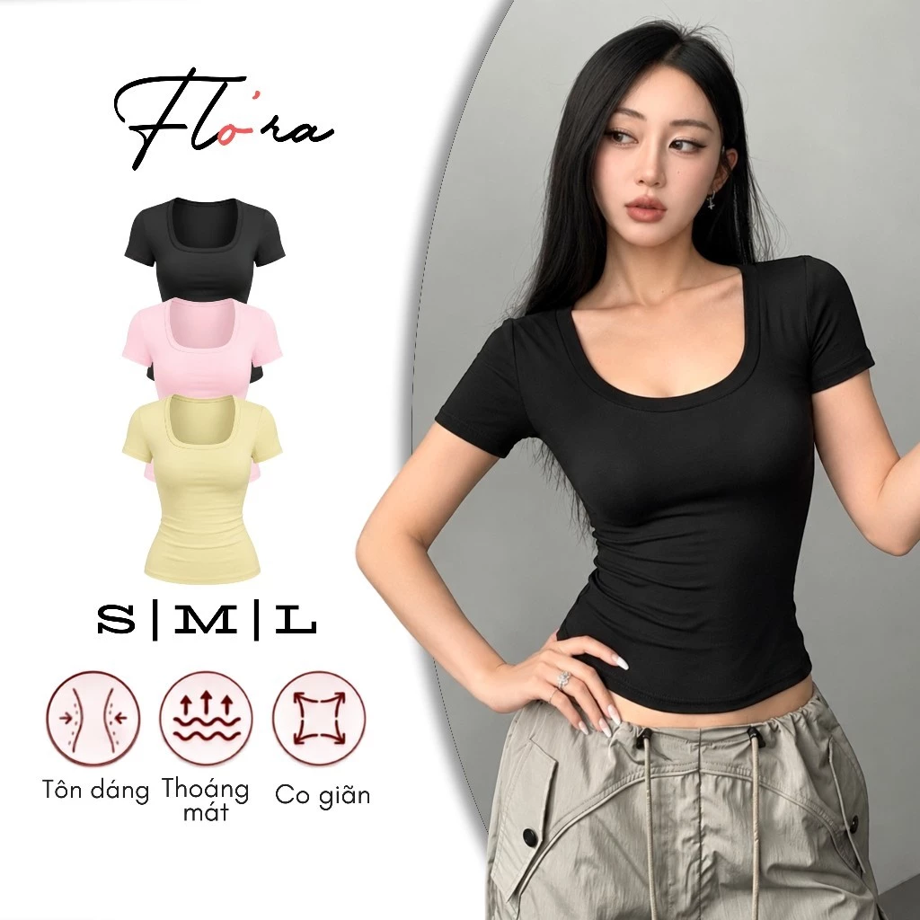 [MỞ BÁN] Áo Thun Nữ Ôm Body Cổ Vuông Tay Ngắn Chất Borip Lụa DD44, Co Giãn, Mềm Mịn, Thoáng Mát Flo'ra