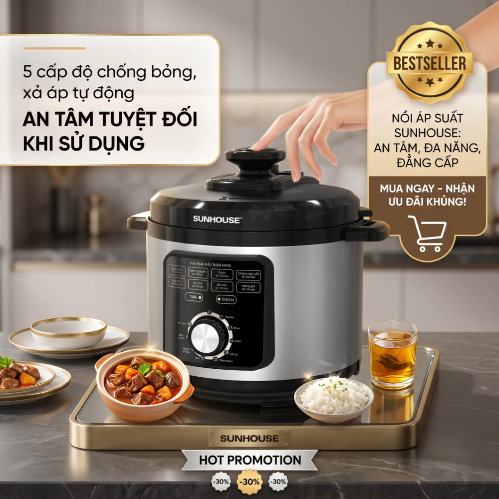 Nồi áp suất điện đa năng Sunhouse SHD1551 dung tích 5L, Lòng nồi 5 lớp có chống dính, Hầm nhừ giữ vị