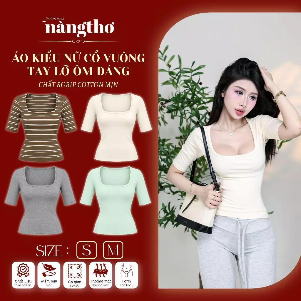 238 Áo Thu Đông Kiểu Nữ Viền Cổ Vuông Tay Lỡ Ôm Dáng Chất Thun Borip Cotton Mịn
