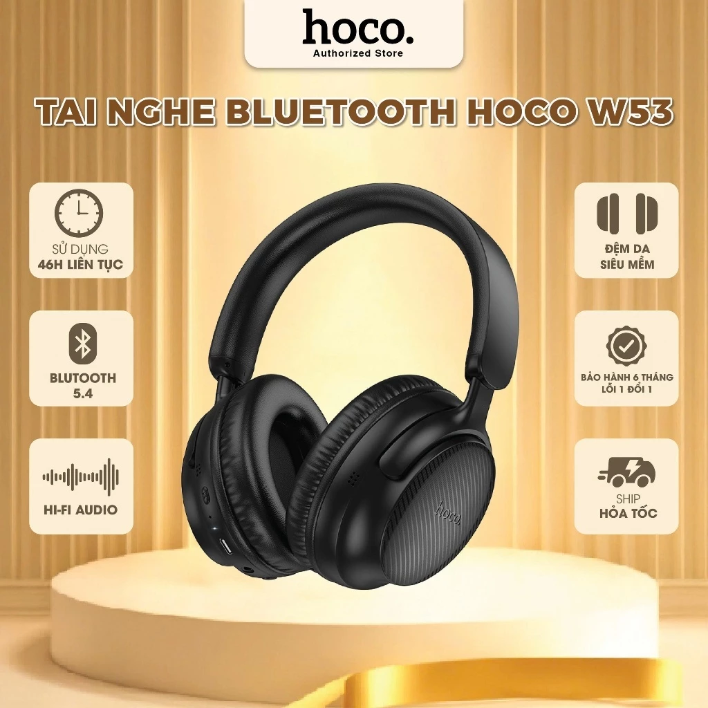 Tai nghe chụp tai Hoco W53 Bluetooth 5.4 tích hợp Micro, âm thanh rõ nét, thiết kế gấp gọn, đeo êm tai tiện lợi