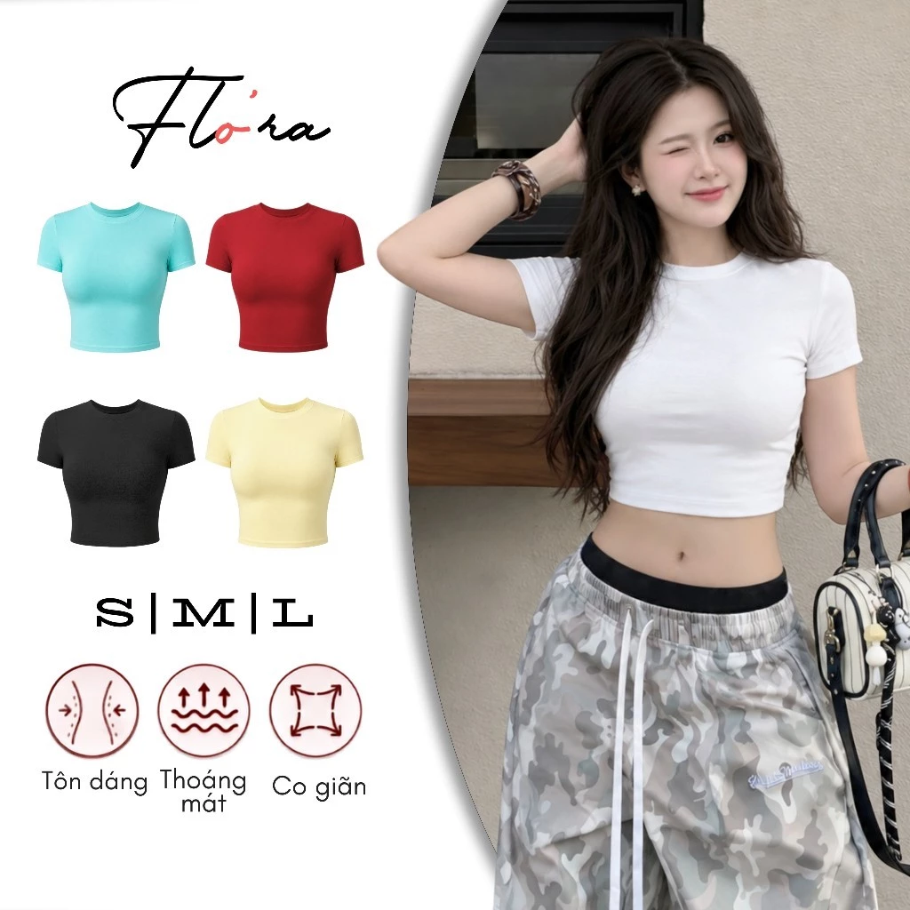 Áo Croptop Tay Ngắn Cổ Tròn Flo'ra CR66 Thun Gân Ôm Body Basic Tôn Dáng Nữ