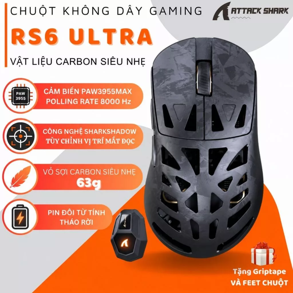 Chuột Gaming Không Dây Attack Shark RS6 Ultra Carbon Fiber - PAW3955MAX, 52K DPI, Polling Rate 8KHz