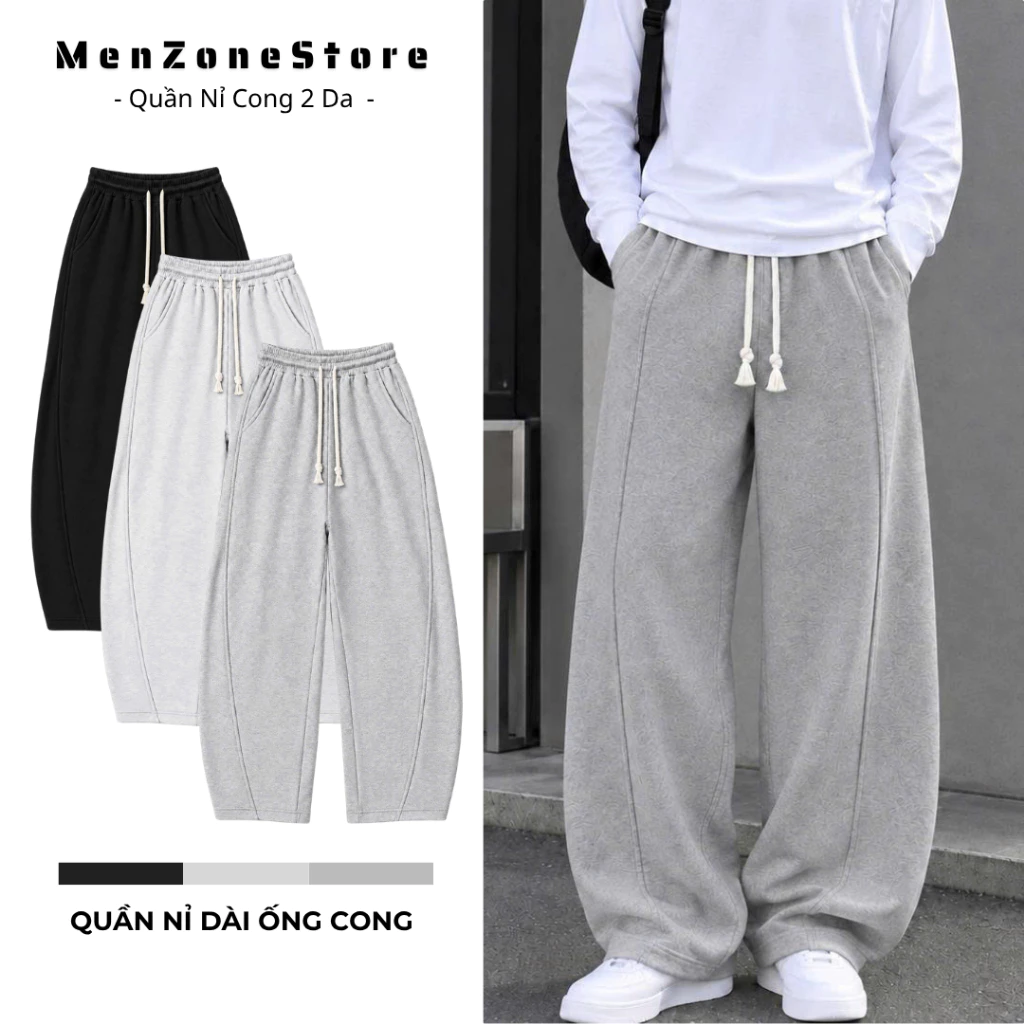 Quần Nỉ Dài Ống Cong Phối Dây Thừng Bản Nhỏ Cạp Chun, Quần Thu Đông Nam Nữ Phong Cách Basic MenZone
