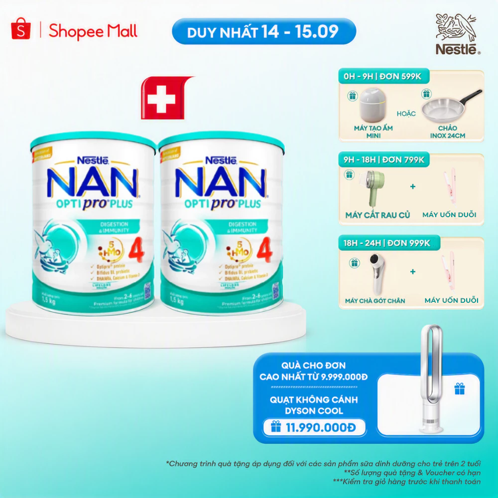 Combo 2 Lon Sữa bột Nestle NAN OPTIPRO PLUS 4 1.5kg cho bé từ 2 - 6 tuổi giúp hỗ trợ tiêu hóa, đề kháng, trí não cho bé