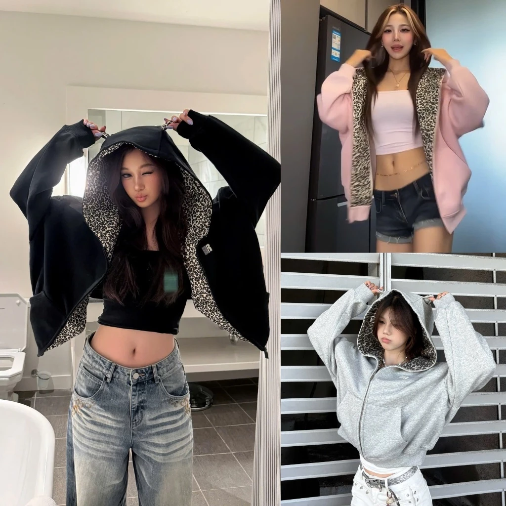 Áo Khoác Hoodie Nữ Form Rộng Phối Họa Tiết Da Báo Cá Tính Y2K Khóa Kéo Có Mũ - TikTik