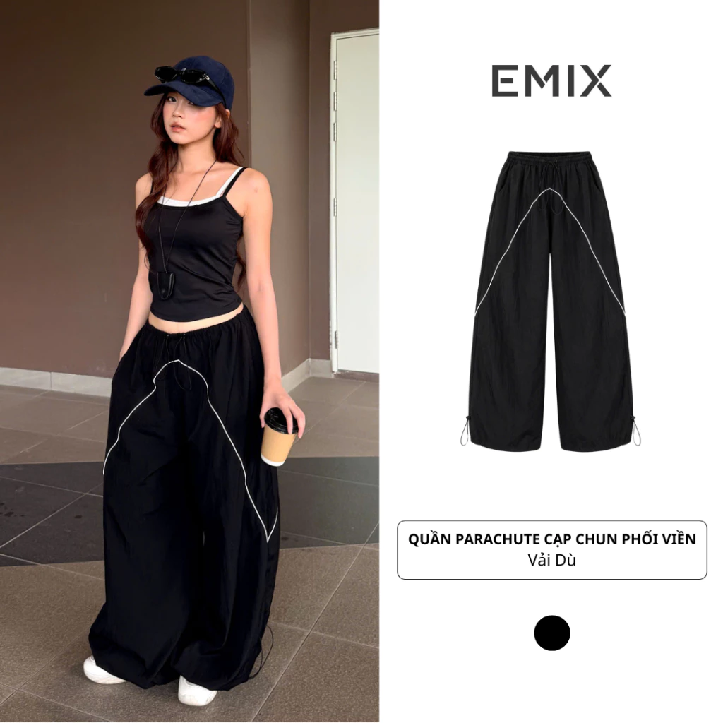 Quần Parachute Cạp Chun Rút Dây Phối Viền Trắng Phong Cách Y2K Cá Tính Unisex Q1004 EMIX