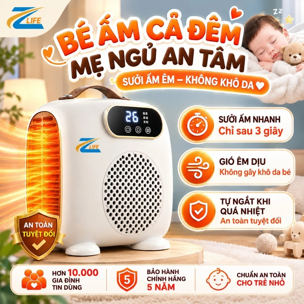 Quạt Sưởi Ấm Phòng Cho Bé Chính Hãng Zlife, Máy Sưởi Mùa Đông Gia Đình Cao Cấp Công Suất 2000W