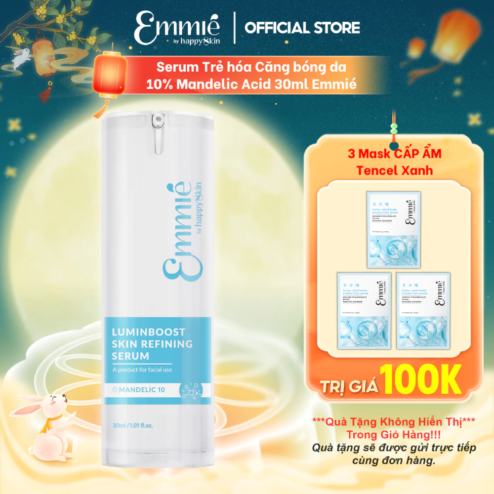 Serum dưỡng da Emmie by Happy Skin Luminboost 10% Mandelic Acid Hỗ Trợ Dưỡng Sáng Trẻ hoá Chai 30ml TẶNG 3 Mask Tencel