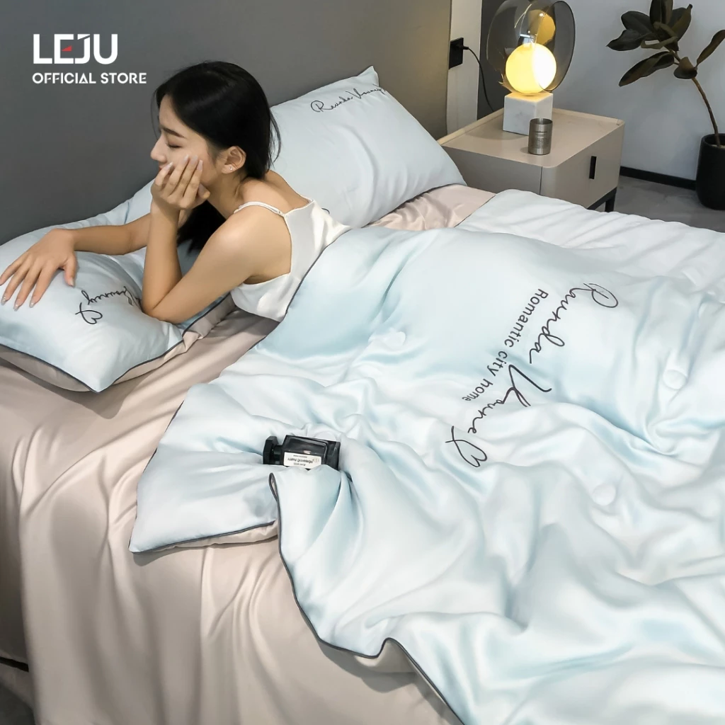 Bộ Chăn Ga Gối 4 Món Lụa Giặt Nước HOME LEJU Cao Cấp Combo Ga Giường Chăn Ga Gối Bộ Trần Bông