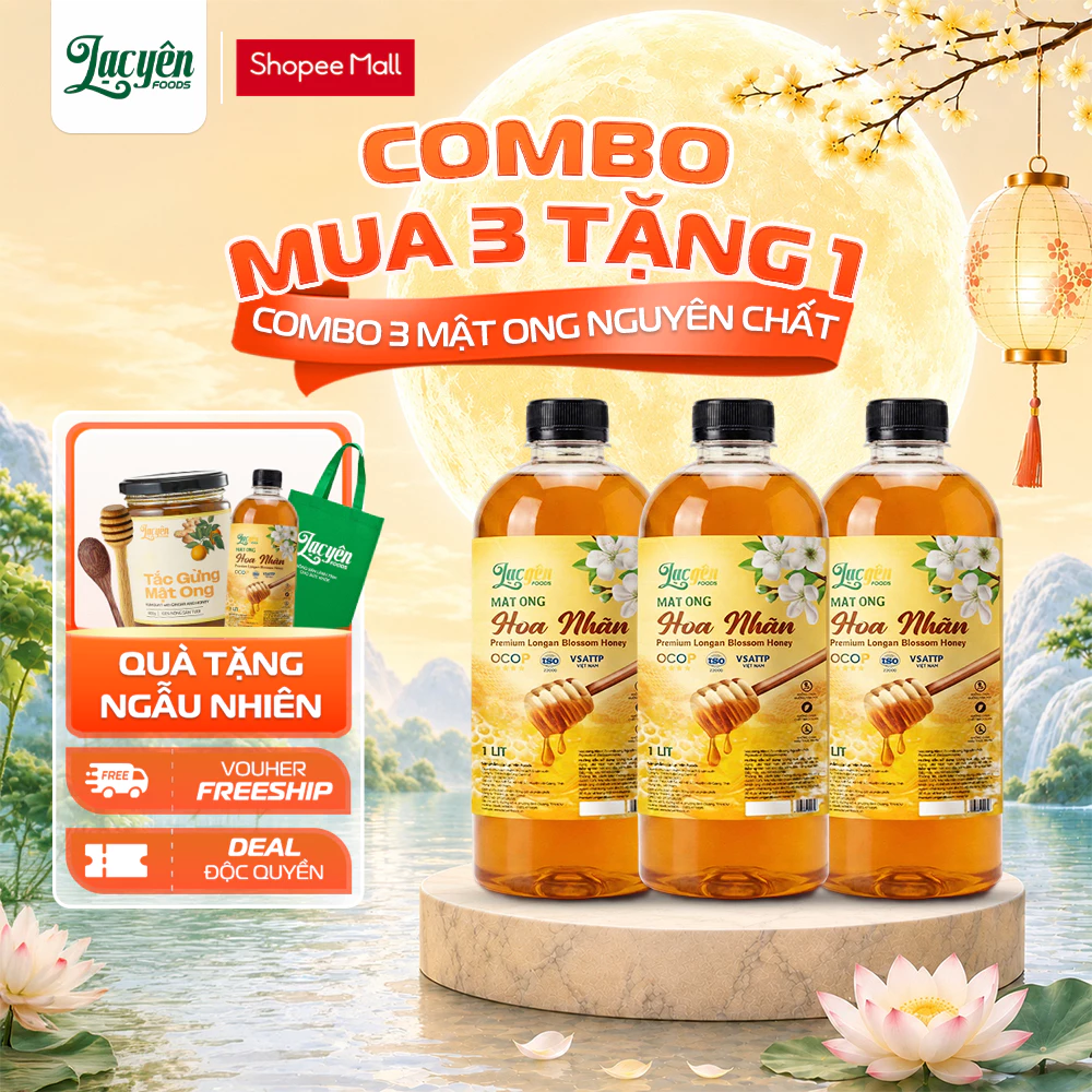 Combo 3 Chai Mật Ong Nguyên Chất Lạc Yên Foods Chất Sánh Đặc Không Pha Tạp Chất