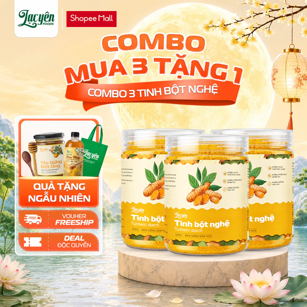 Combo 3 Hũ Tinh Bột Nghệ Đỏ Hưng Yên Lạc Yên Foods 500gr Kèm Quà Tặng Mật Ong Và Túi Vải Cao Cấp