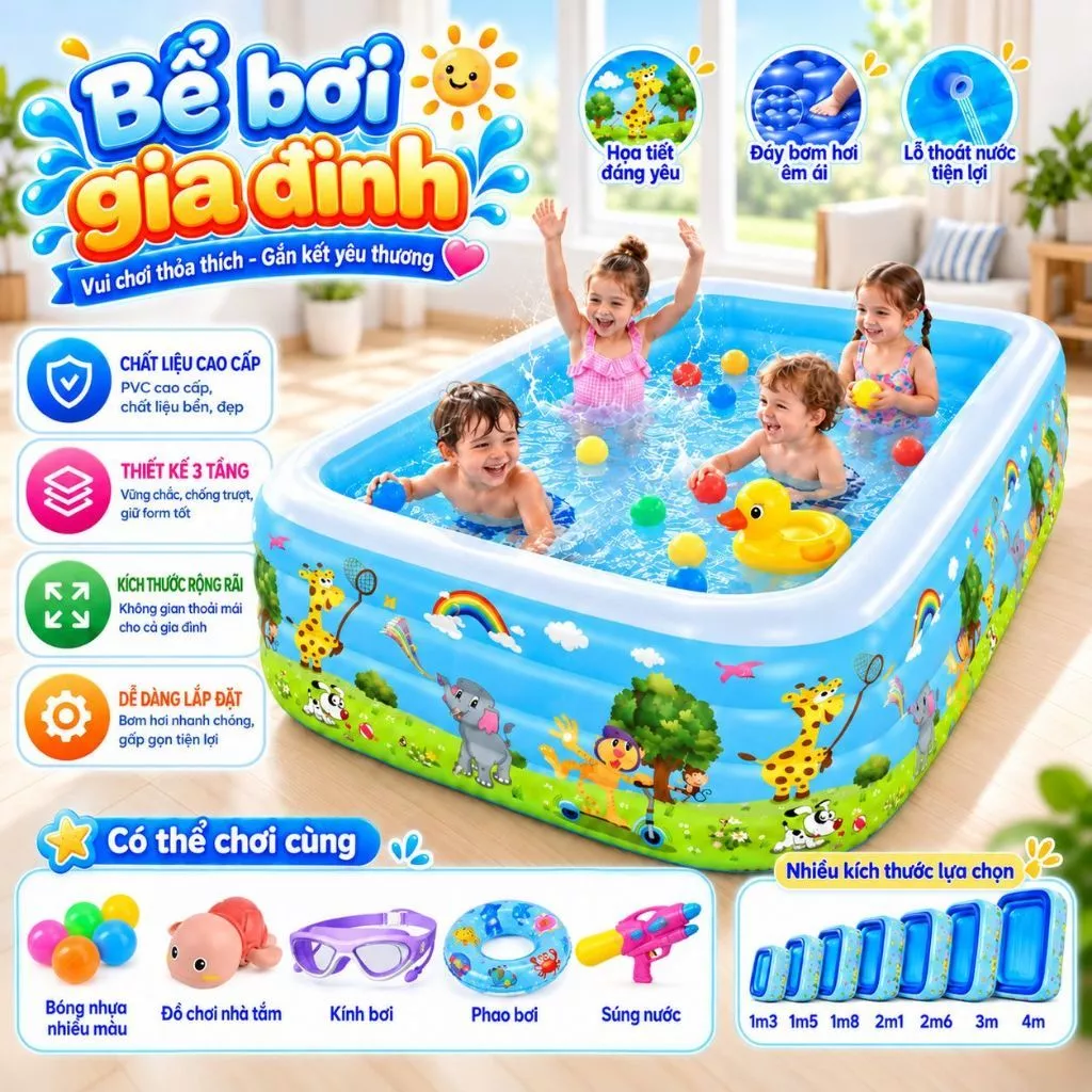 Bể bơi bốn mùa KAW chính hãng, giá rẻ, chất lượng, đẹp,3 Tầng, Dày Dặn, Chống Trượt Nhiều Kích Thước