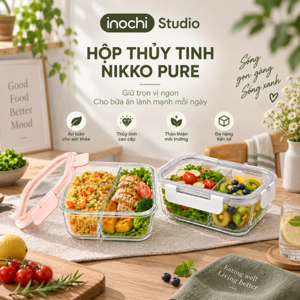 Hộp thuỷ tinh Inochi PURE, nắp kín chống rò rỉ, sử dụng được trong lò nướng, hộp đựng cơm cao cấp