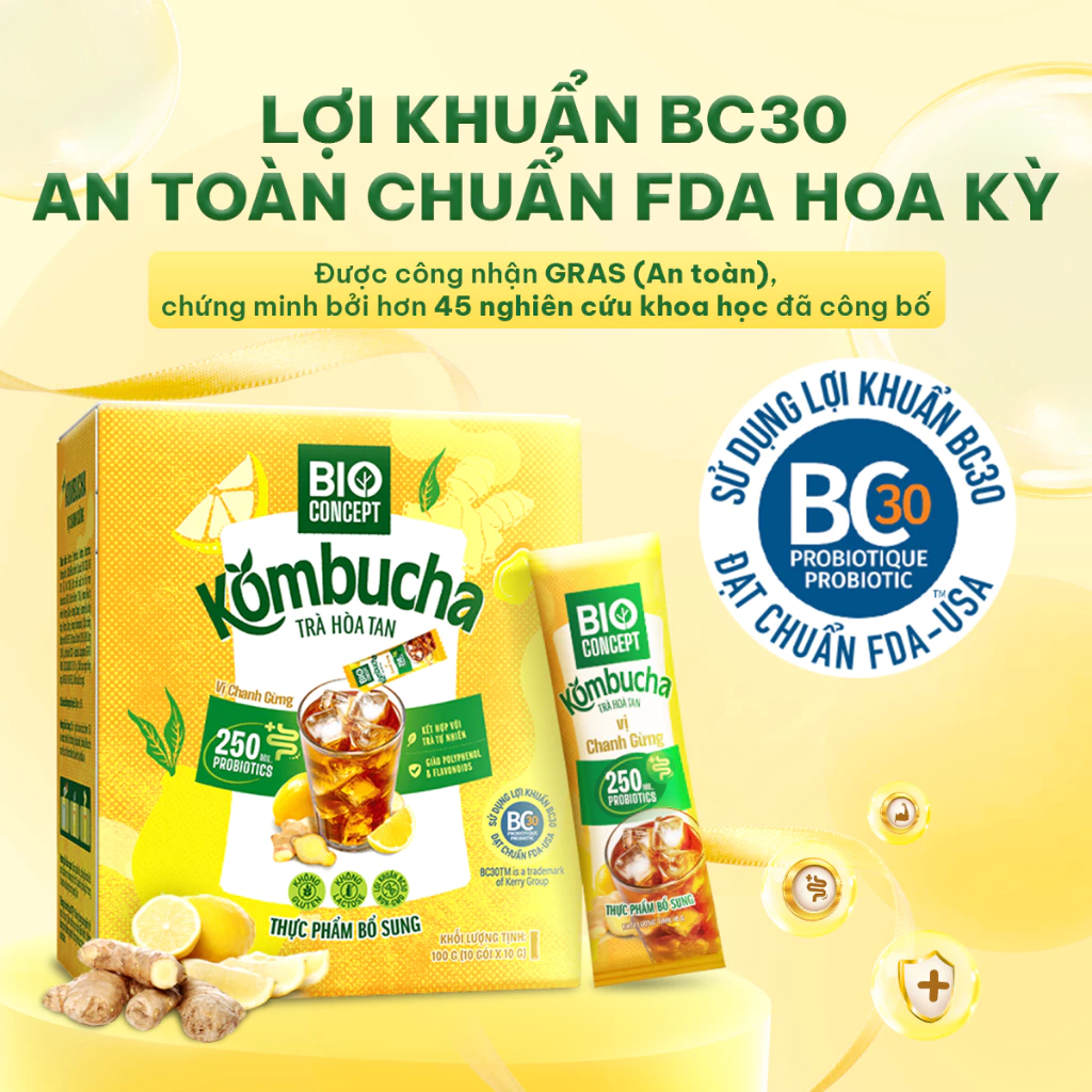 Kombucha Hòa Tan Bio Concept Bổ Sung Lợi Khuẩn BC30 Không Gluten Không Lactose Vị Chanh Gừng Hộp 10 Gói x 10g