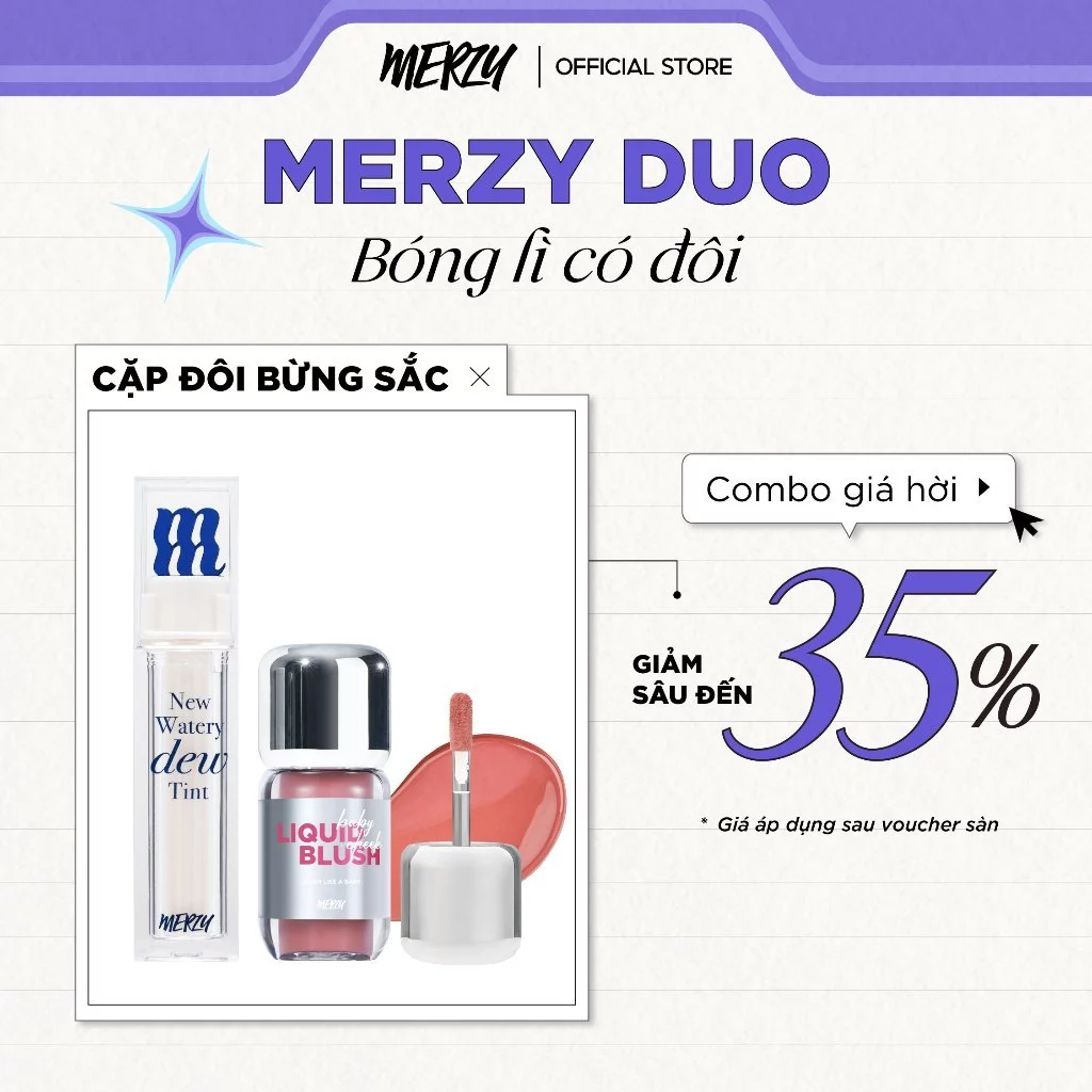 [MERZY DUO] GLOW DUO: Son Tint Bóng Merzy New Watery Dew Tint 4g + Má Hồng Kem Merzy Baby Cheek Liquid Blush 4.6g