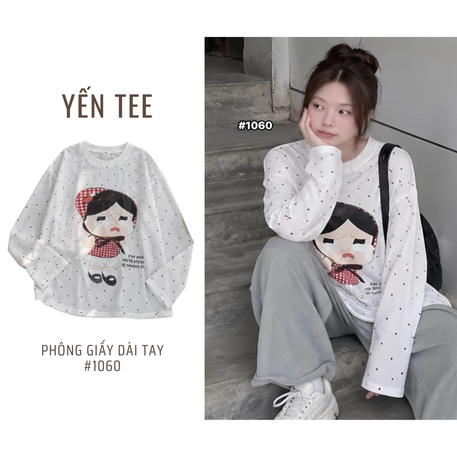 Áo phông giấy dài tay, Mỏng nhẹ, hoạ tiết chấm bi, Form 40-58Kg Dễ thương Siêt hot #1060 Yến Tee Shop