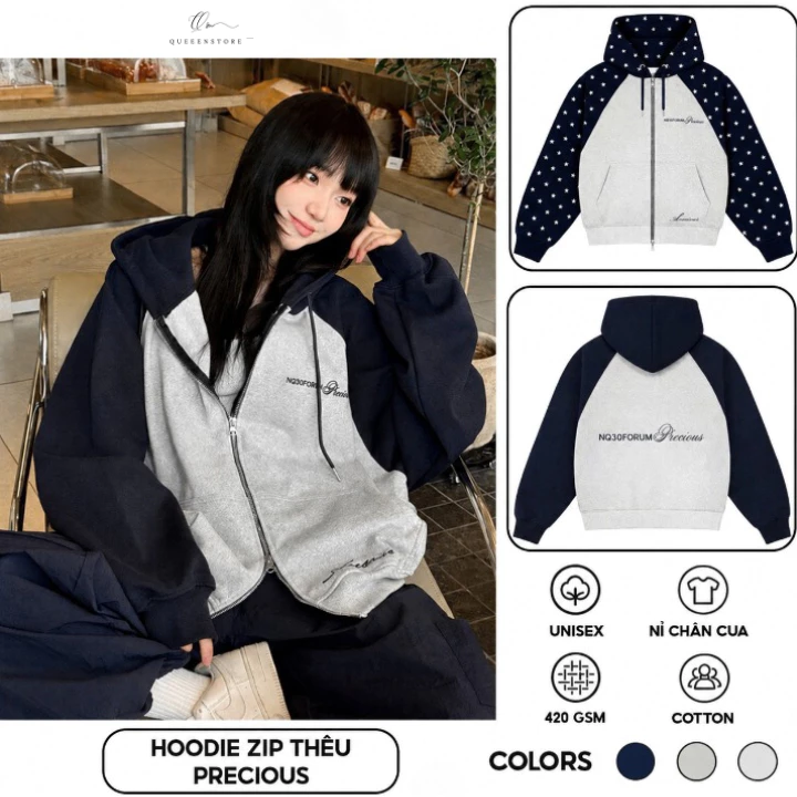 [Không Xù Lông] Áo Khoác Hoodie Zip Nỉ Chân Cua 2 Khoá Chữ Thêu Nổi Unisex Chất Dày Dặn Không Xù