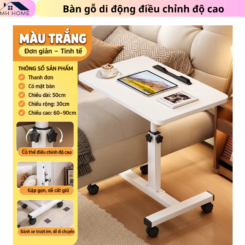 Bàn Học Làm Việc Di Động Thông Minh Nâng Hạ Chiều Cao Có Bánh Xe Tiện Lợi Cho Học Sinh Sinh Viên MH Home
