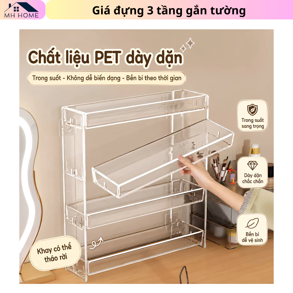 Kệ Dán Tường Trong Suốt 3 Tầng Cao Cấp - Giá Đựng Đồ Decor, Mỹ Phẩm, Sơn Móng Tay Chịu Lực Không Cần Khoan Tường