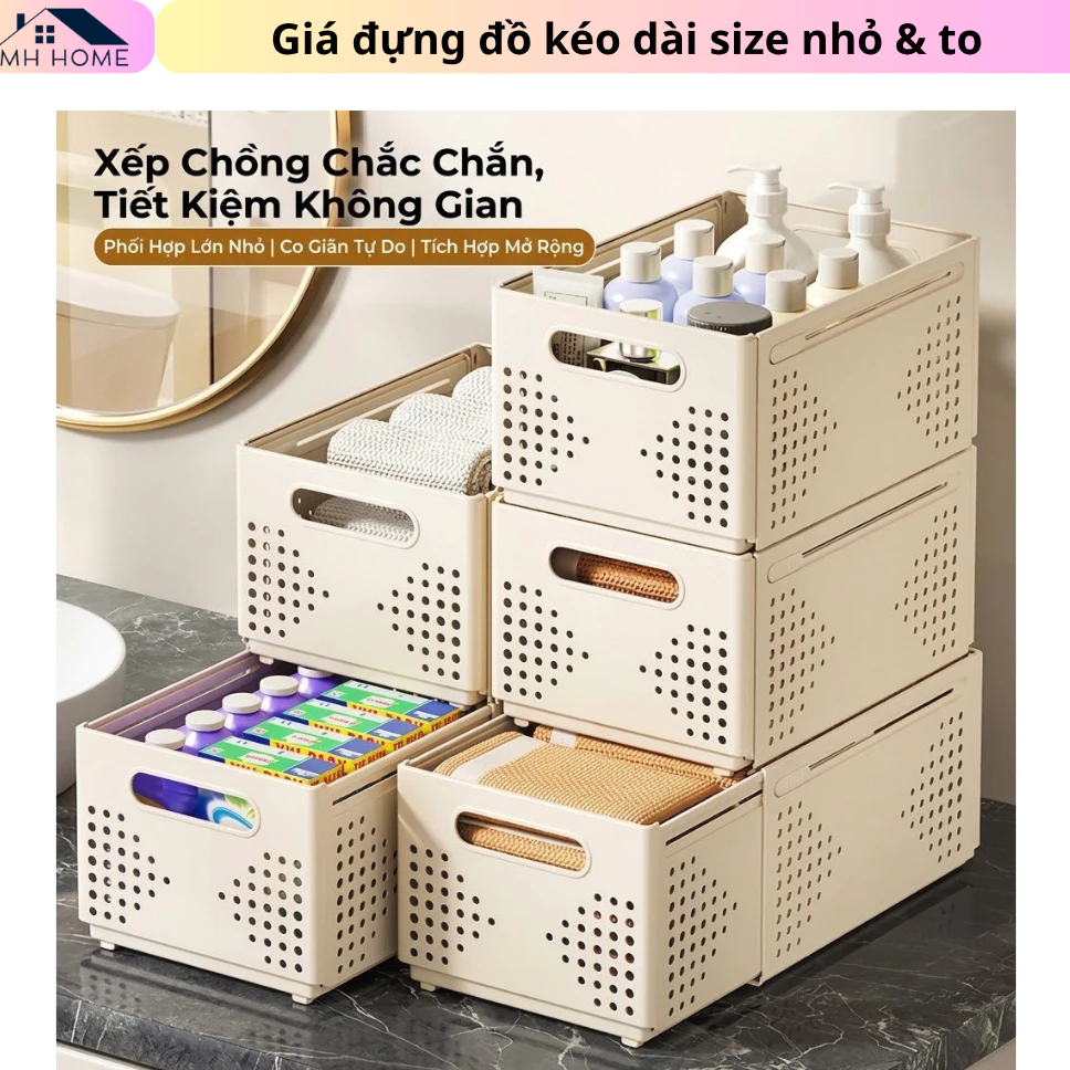 Khay Nhựa Chữ Nhật Đựng Đồ Đa Năng - Giá Rổ Kéo Rút Lưu Trữ Đồ Tủ Lạnh, Tủ Bếp, Quần Áo Size To & Nhỏ Cao Cấp
