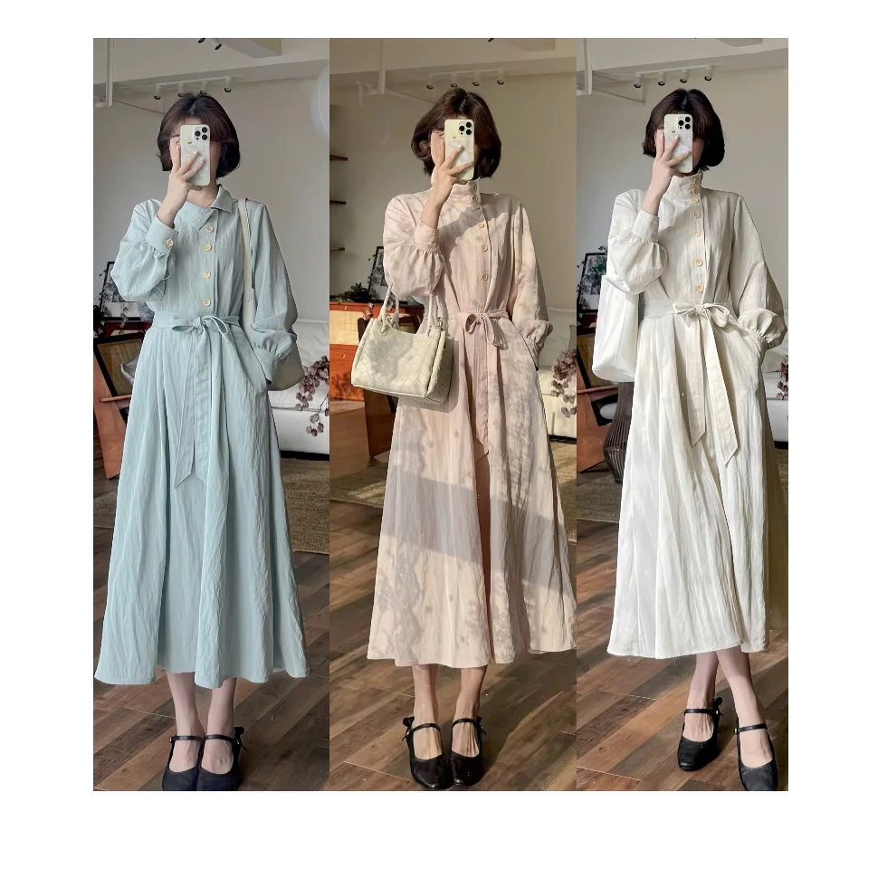Đầm Sơ Mi Nữ Dáng Dài Tay Dài Cổ Bẻ Cài Nút Thắt Eo Thanh Lịch Đi Làm Đi Chơi Logastore_L159