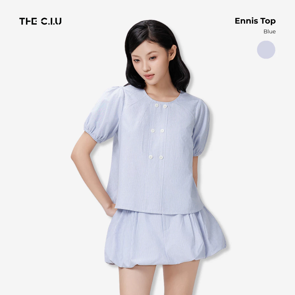 Set nữ sọc ngắn THE C.I.U, áo kiểu nữ & chân váy ngắn chữ A sọc xanh – Ennis Top & Ennis Skirt