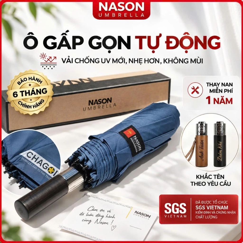 Ô dù che mưa, che nắng tự động gấp gọn Nason Chagoi cán gỗ hiếm, khắc tên, logo dát vàng, ngăn 99% UV